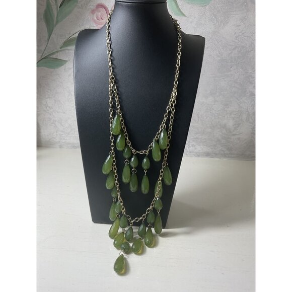 Green Teardrop Bead Layered Statement Necklace Gold Chain Adjustable - Picture 1 of 3